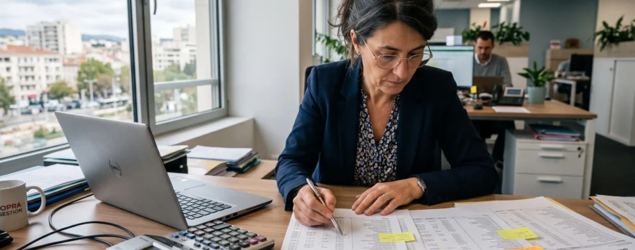 Une responsable financière analyse une balance âgée imprimée et des factures clients à son bureau dans un bureau d'entreprise.