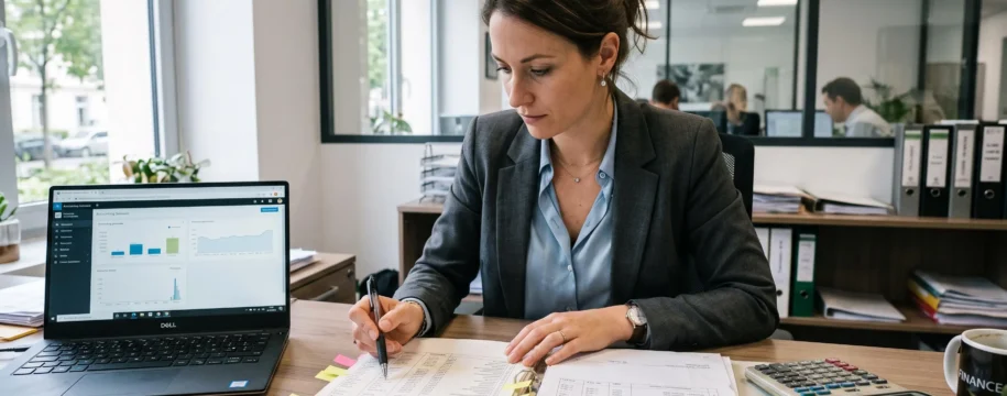 Une responsable financière analyse une balance âgée imprimée et des factures clients à son bureau dans un bureau d'entreprise.