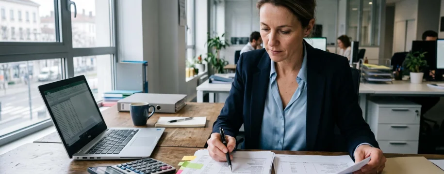 Une responsable financière analyse une balance âgée imprimée et des factures clients à son bureau dans un bureau d'entreprise.