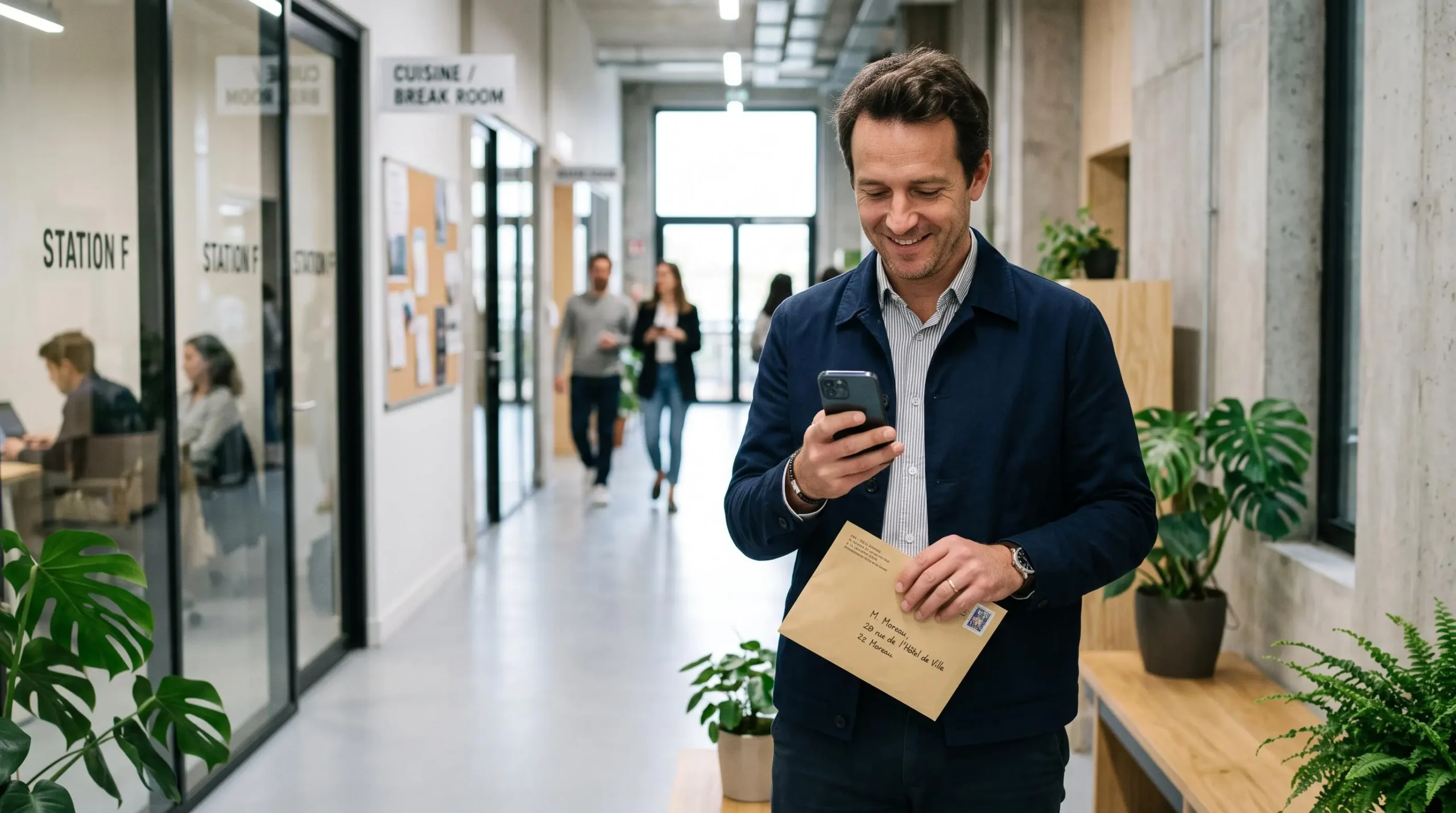 Un entrepreneur debout dans le couloir d'un incubateur consulte sur son smartphone la confirmation d'immatriculation de sa société.