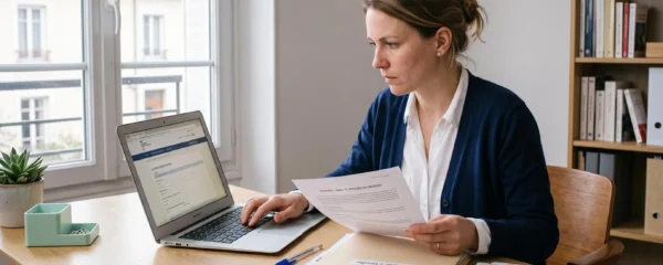 Une entrepreneure complète la création en ligne de sa SAS sur un ordinateur portable en vérifiant ses statuts imprimés, dans un bureau lumineux.