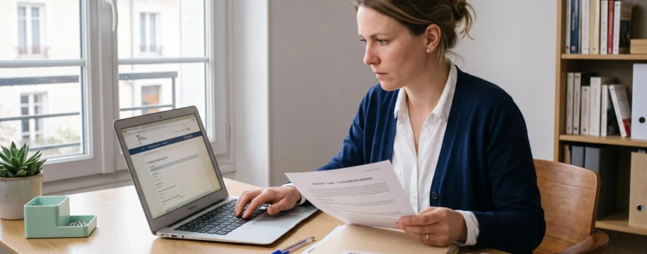 Une entrepreneure complète la création en ligne de sa SAS sur un ordinateur portable en vérifiant ses statuts imprimés, dans un bureau lumineux.