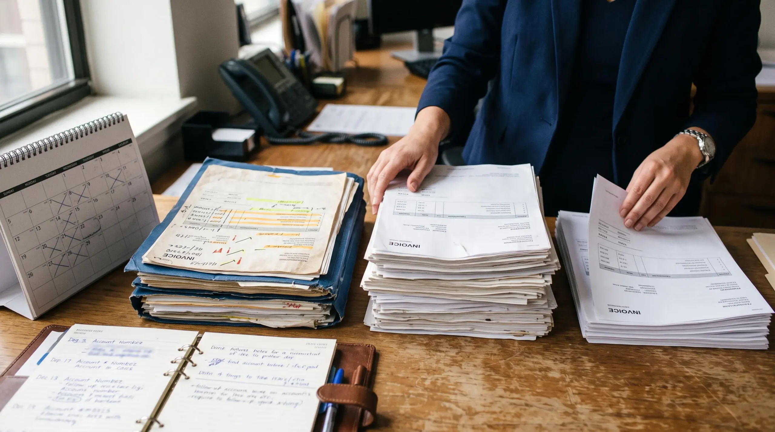 Mains d'une employée triant des factures clients en plusieurs piles selon leur ancienneté, un calendrier et des notes posés sur le bureau.