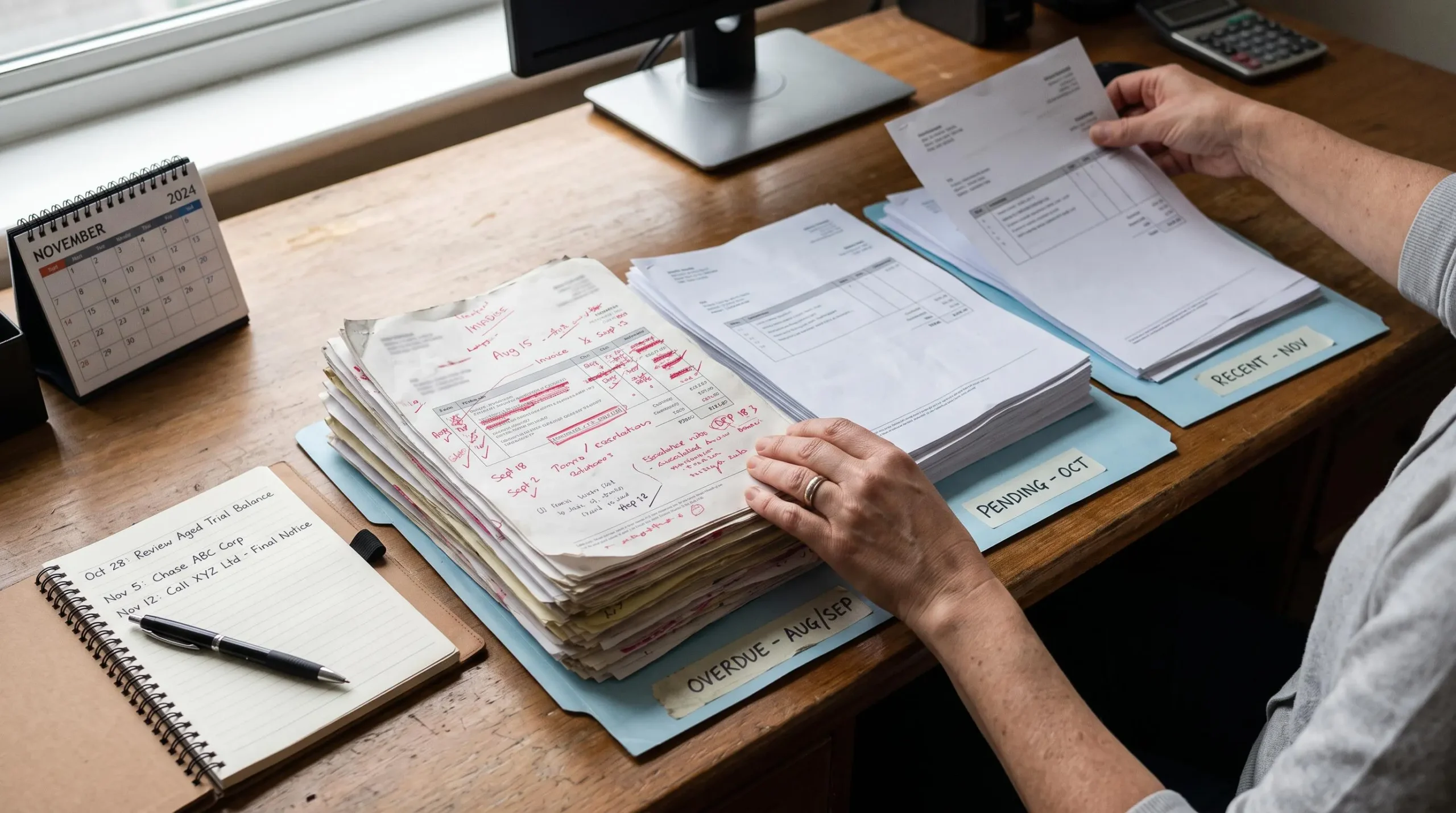 Mains d'une employée triant des factures clients en plusieurs piles selon leur ancienneté, un calendrier et des notes posés sur le bureau.