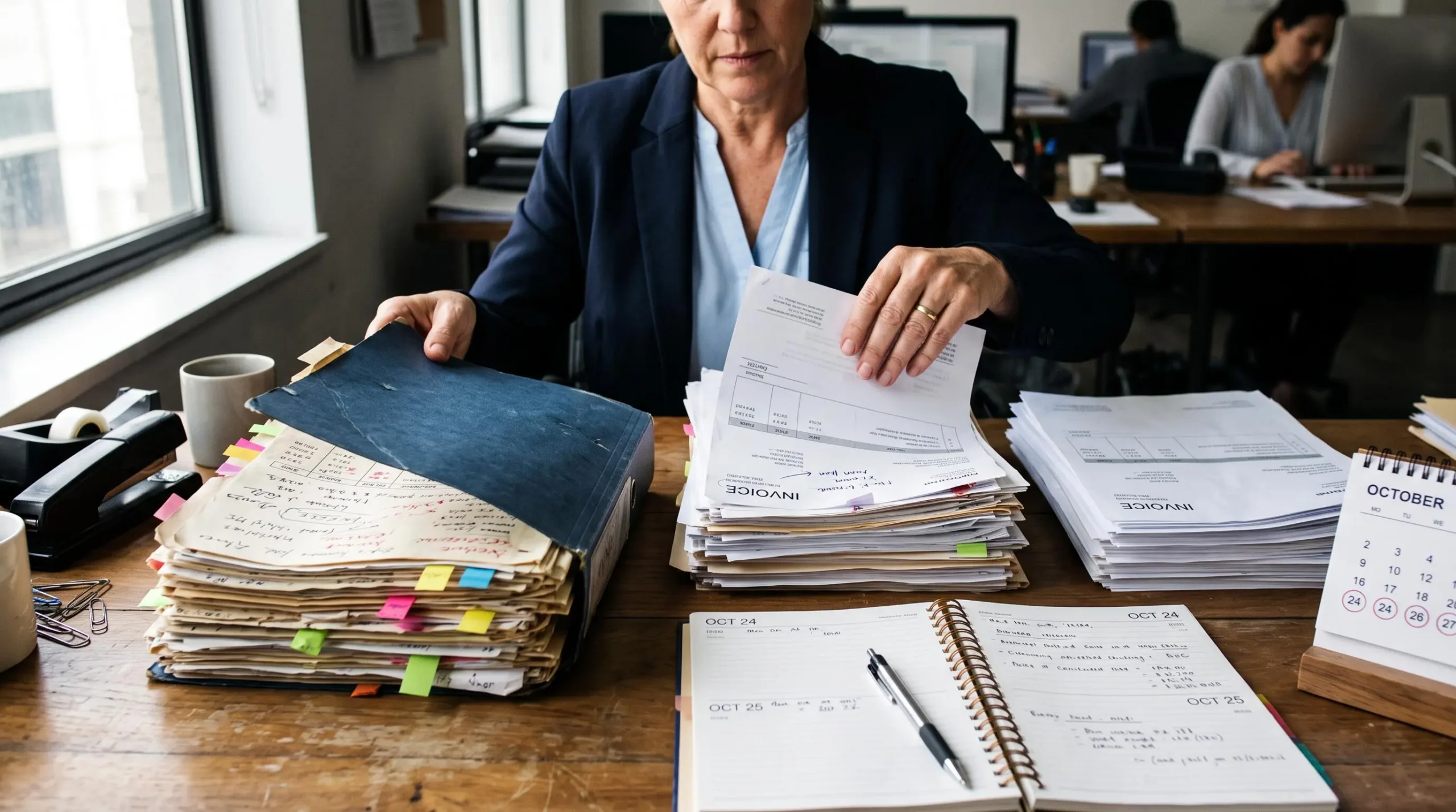 Mains d'une employée triant des factures clients en plusieurs piles selon leur ancienneté, un calendrier et des notes posés sur le bureau.