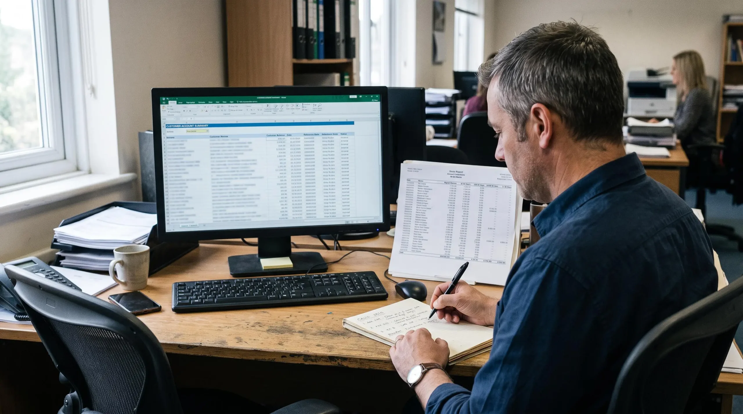 Un gestionnaire de créances consulte un tableau d'encours clients sur son écran en prenant des notes de relance à côté de rapports imprimés.