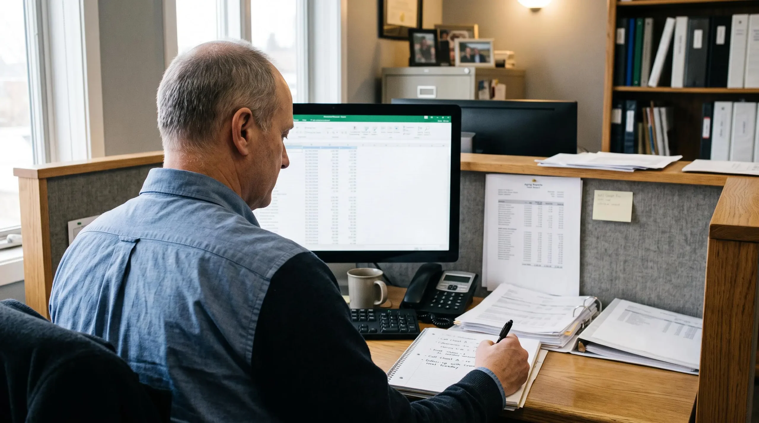 Un gestionnaire de créances consulte un tableau d'encours clients sur son écran en prenant des notes de relance à côté de rapports imprimés.